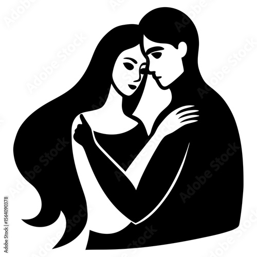 Couple embracing black and white romantic silhouette vector illustration