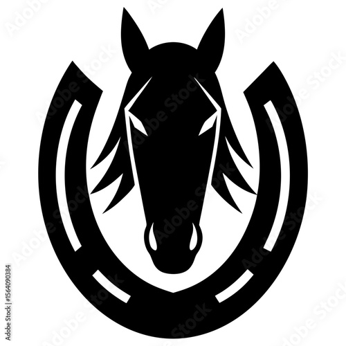 Horse head inside horseshoe black and white silhouette vector illustration