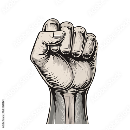 Raised clenched fist vector illustration for protest empowerment strength and resistance on black background representing unity