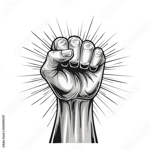 Raised fist graphic illustration symbolizing power strength solidarity resistance revolution demonstration in grayscale