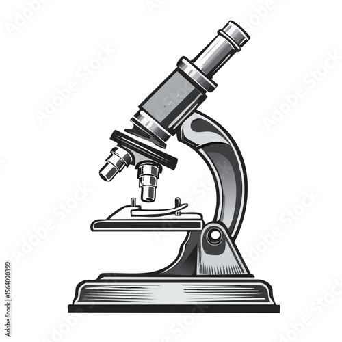 Illustration of a vintage microscope for laboratory science experiments and research in black and white, vector drawing