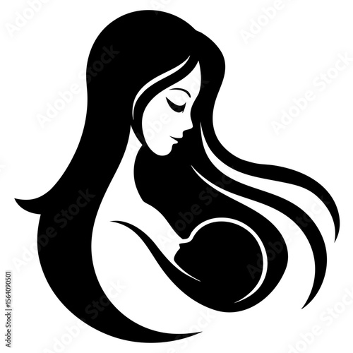 Mother breastfeeding baby minimalist black and white silhouette vector illustration