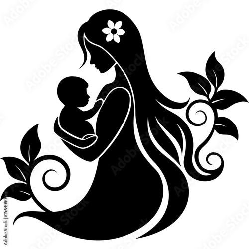 Mother holding baby with flower and leaves silhouette vector illustration