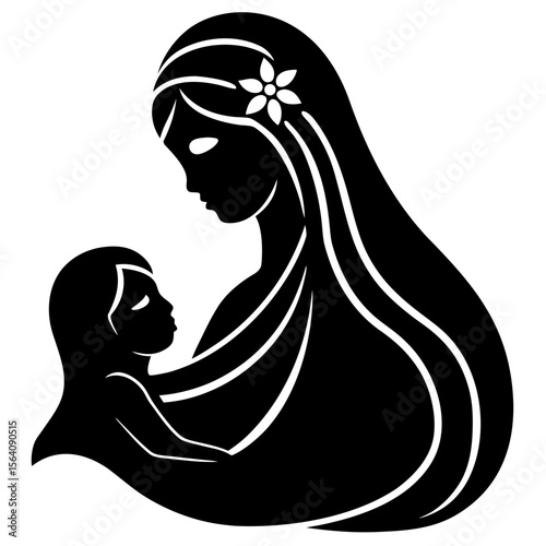 Mother holding child with flower in hair silhouette vector illustration