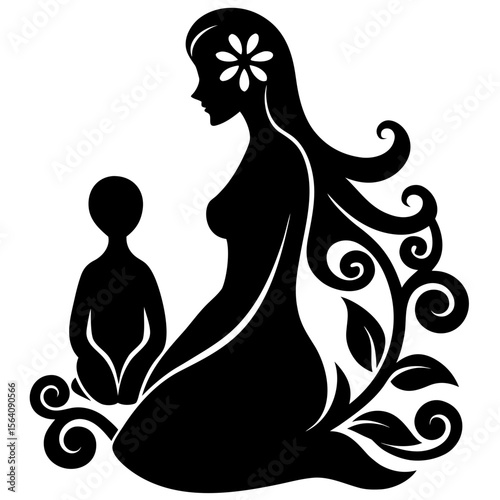 Mother and child with floral decoration silhouette vector illustration