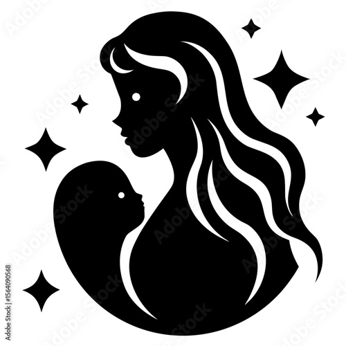 Mother holding baby with stars black and white silhouette vector illustration