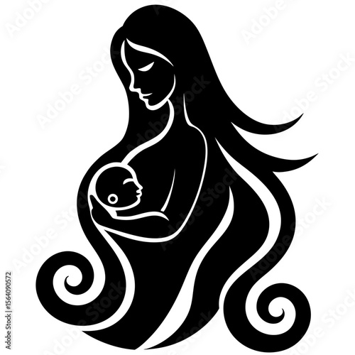 Mother holding baby in arms black silhouette vector illustration