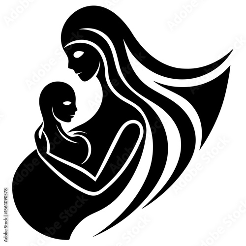 Mother holding baby abstract black and white silhouette vector illustration