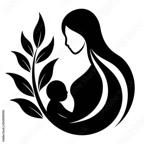 Mother holding baby with floral branch silhouette vector illustration