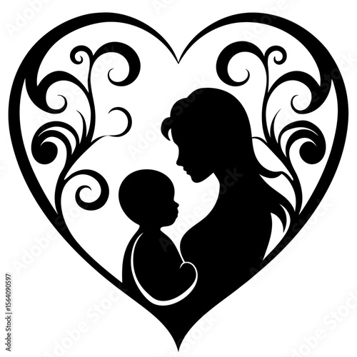 Mother holding baby in floral heart shape silhouette vector illustration