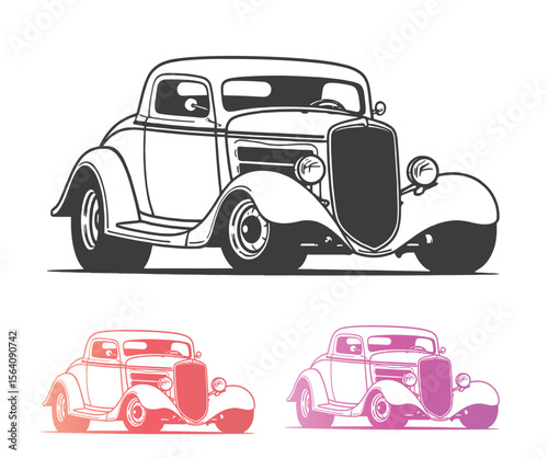 Classic Hot Rod Car Illustration with Multiple Color Variations