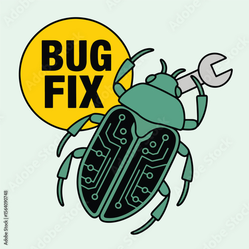 Bug Fix Concept - Digital Insect with Wrench and Circuit Board Design