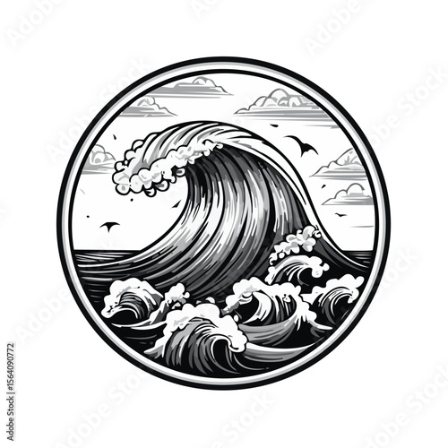 Ocean wave illustration with sea birds and clouds in a circular emblem for logos and designs