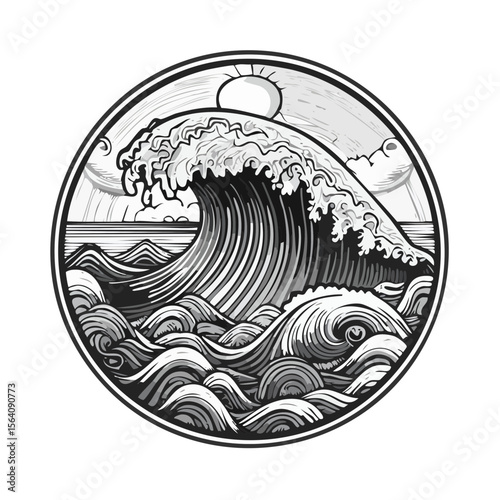 Stylized Ocean Wave Illustration with Sun and Clouds in Circular Frame