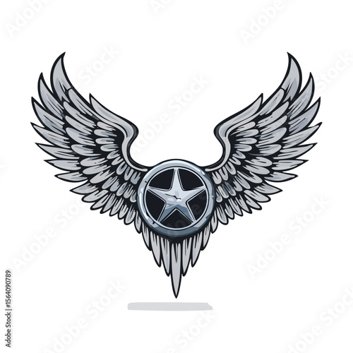 Winged emblem with five pointed star in silver for air force or biker gang logo design isolated over black background