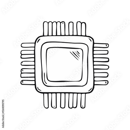 Doodle style microchip illustration for electronic technology and computer hardware design concepts on a black background