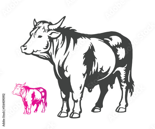 Monochrome Cow Illustration with a Smaller Pink Cow on White Background