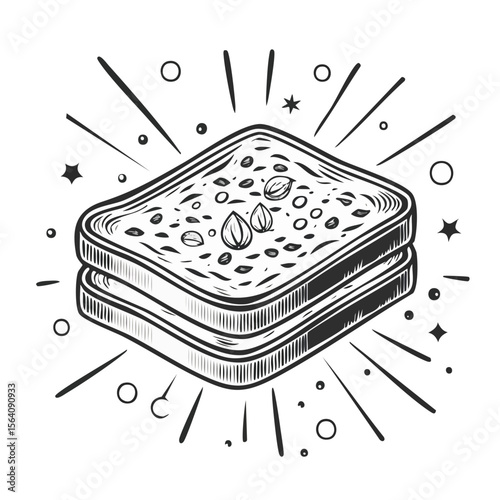 Stylized Sketch of Peanut Butter Sandwich Snack Treat Sweet Food Black and White Illustration Drawing with Sunburst Elements