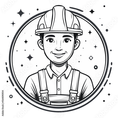 Construction worker with safety helmet line art illustration happy builder in work clothes with suspenders in vector format black and white