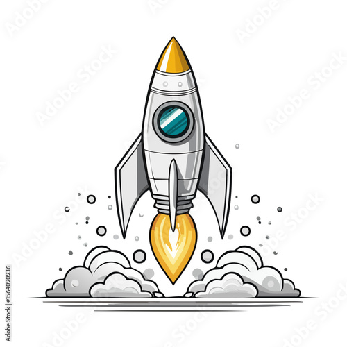 Cartoon Rocket Launching into Space with Jet Flames and Clouds of Smoke on a Black Background