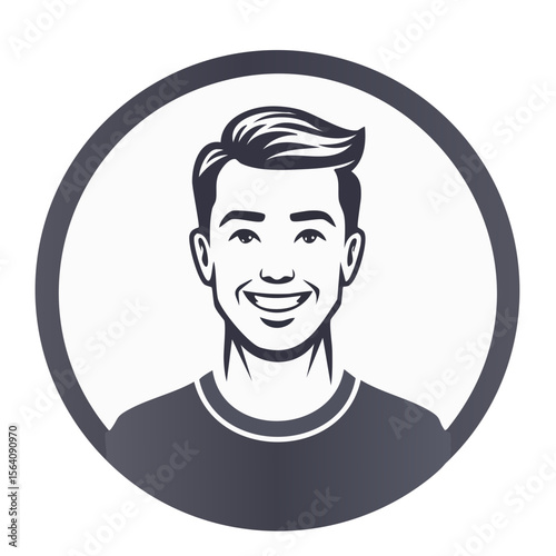 Monochrome portrait of a smiling young adult male in casual attire with trendy hairstyle inside a circular frame cheerful expression concept