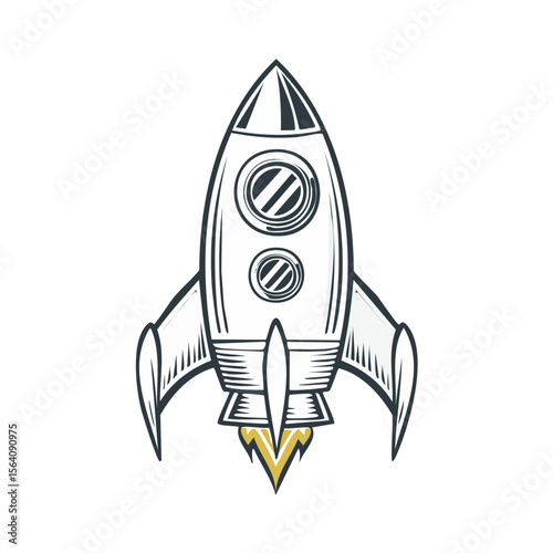 Hand drawn rocket launching into space exploration adventure with flames on black background illustration. Spacecraft with fins.