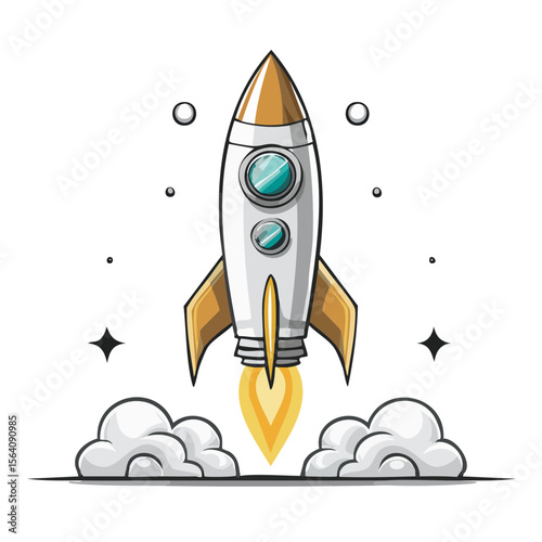 Cartoon Rocket Launching into Space with Clouds of Smoke a Sci-Fi Exploration Concept Animated Design Illustration