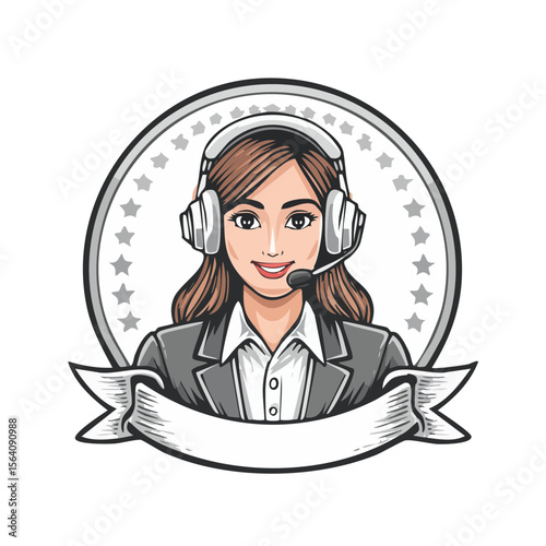 Smiling woman wearing headset cartoon illustration for customer service or call center badge with blank banner for text and communication
