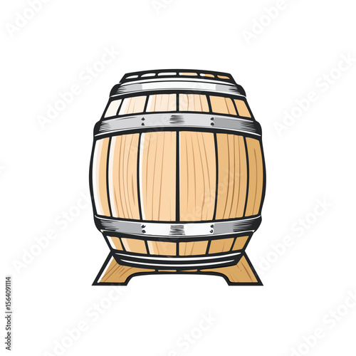 Isolated Barrel Illustration, Wooden Wine or Whiskey Container with Metal Bands, Rustic Storage Object