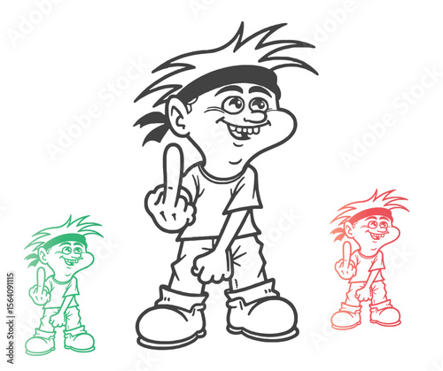 Cartoon Boy with Attitude Giving the Middle Finger in Three Color Variations