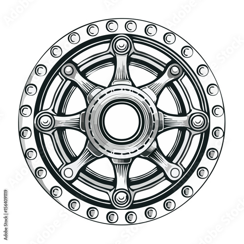 Abstract metal wheel vector design mechanical element with spokes and rivets industrial machinery part circular shape on black background technology illustration