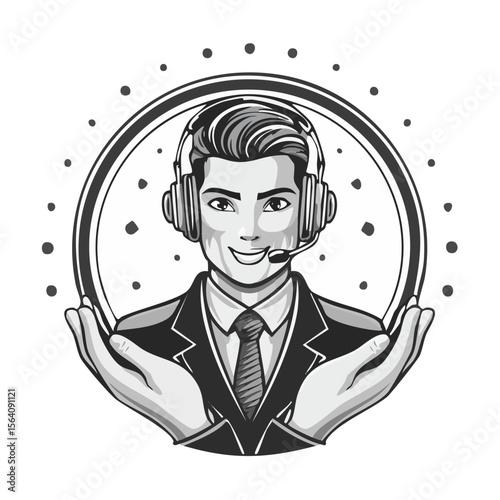 Customer service illustration showing hands presenting a man with headset black and white design communication tech support hotline help