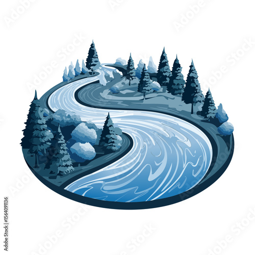 Scenic River Winding Through Winter Forest Landscape, Calm Blue Water and Evergreen Trees, Nature Illustration