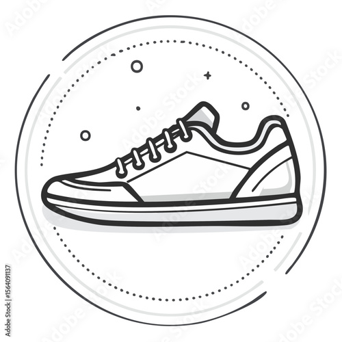 Stylized vector illustration of a white sneaker in a dotted circle on a black background