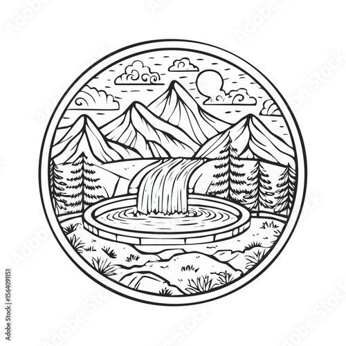 Monochrome landscape illustration of cascading waterfall in pool with mountains and pine trees graphic circle design for prints and design