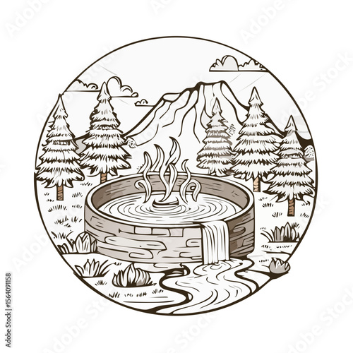 Cartoon hot spring in natural scenery with mountain trees and cascading waterfall in monochrome art style emblem