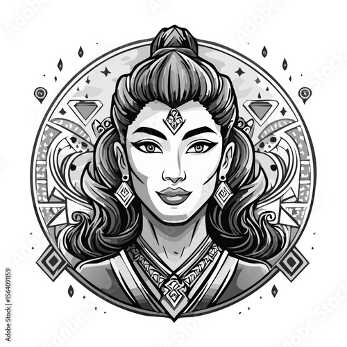 Monochrome Portrait of an Eastern Woman with Decorative Jewelry and Ornamental Background