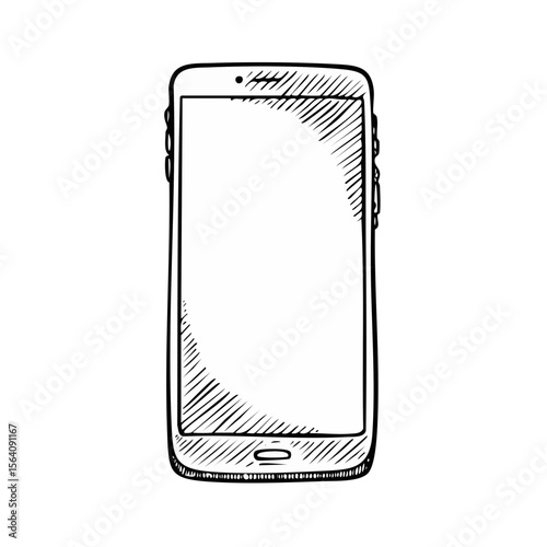 Sketch of a smartphone with empty screen for adding text or design. Mobile phone drawing with hand drawn crosshatching in monochrome black and white