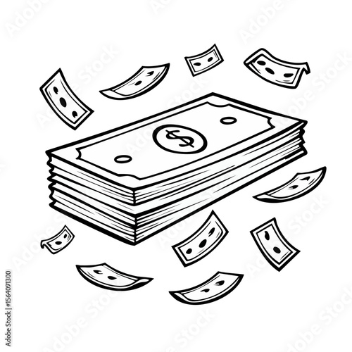 Money Rain and Stack of Cash in Black and White Vector Illustration Finance Concept Currency Wealth