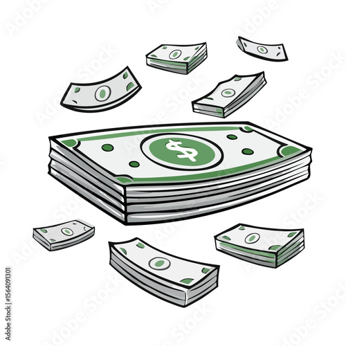Dollar Bills Cartoon Illustration Stack of Cash Financial Concept Pile of Money Currency Economy Wealth Success Abundance Isolated on Black
