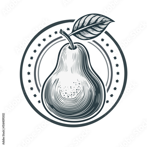 Engraved Pear with Leaf and Stars in Circle Shape on Black Background for Graphic Design Projects