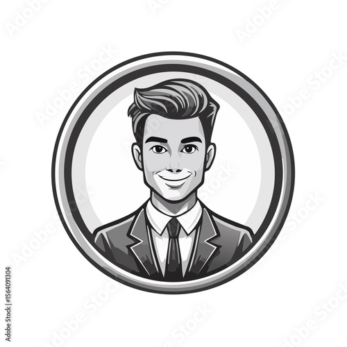 Monochrome cartoon portrait of smiling businessman in suit and tie framed in a circle, corporate style illustration, grayscale image