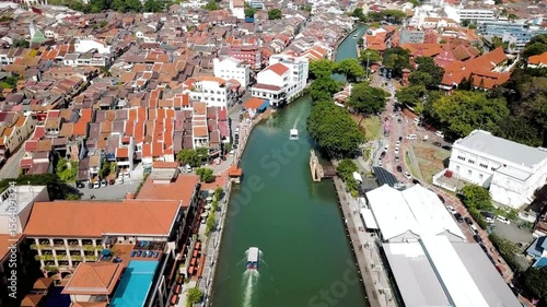 An aerial view shows the malacca river flowing through the city