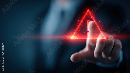 Wallpaper Mural A person in a suit interacts with a glowing red triangular warning symbol, seemingly digitally projected, using a single fingertip Torontodigital.ca