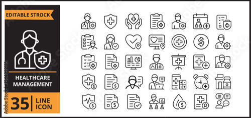 Healthcare Management Medical Line Icons Set - 35 Outline Vector Icons Collection