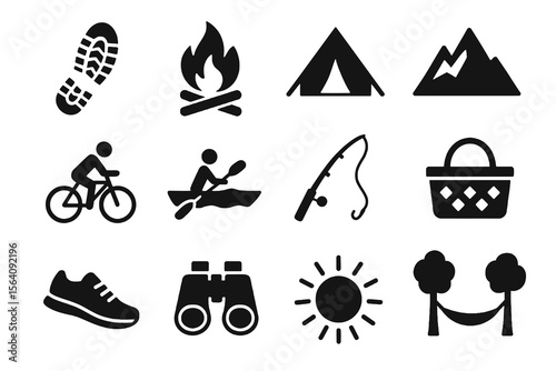 Black icons on white background for open-air life. Minimal vector for adventure scenes.