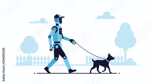 Artificial Intelligence Robot Walks Dog In The Park On A Sunny Day