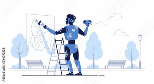 Artistic Robot Creating Masterpiece On Easel In Park Setting With Painter's Tools