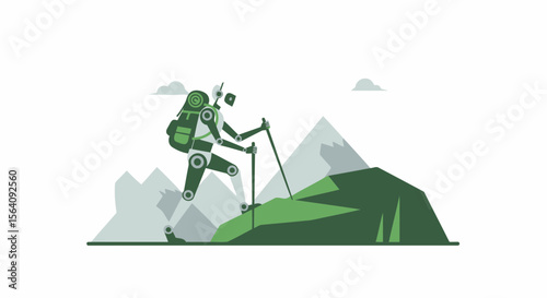 Android Explorer Ascending The Mountain Peak With Backpack In Futuristic Illustration