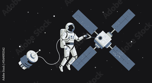 Astronaut Connects To Satellite In Dark Space Vector Illustration